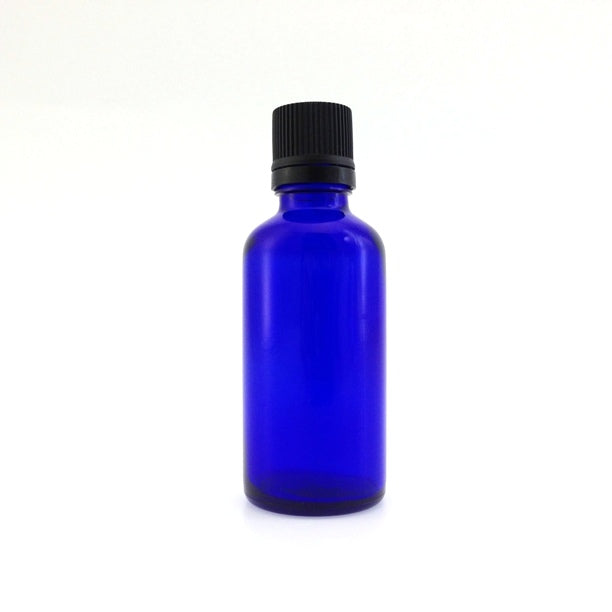 Bouteille 50 ml, verre bleu, bouchon noir codigoutte, 5 unités