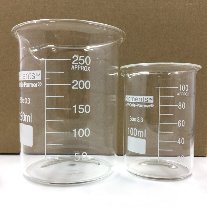 Borosilicate glass graduated beakers, 100 and 250ml