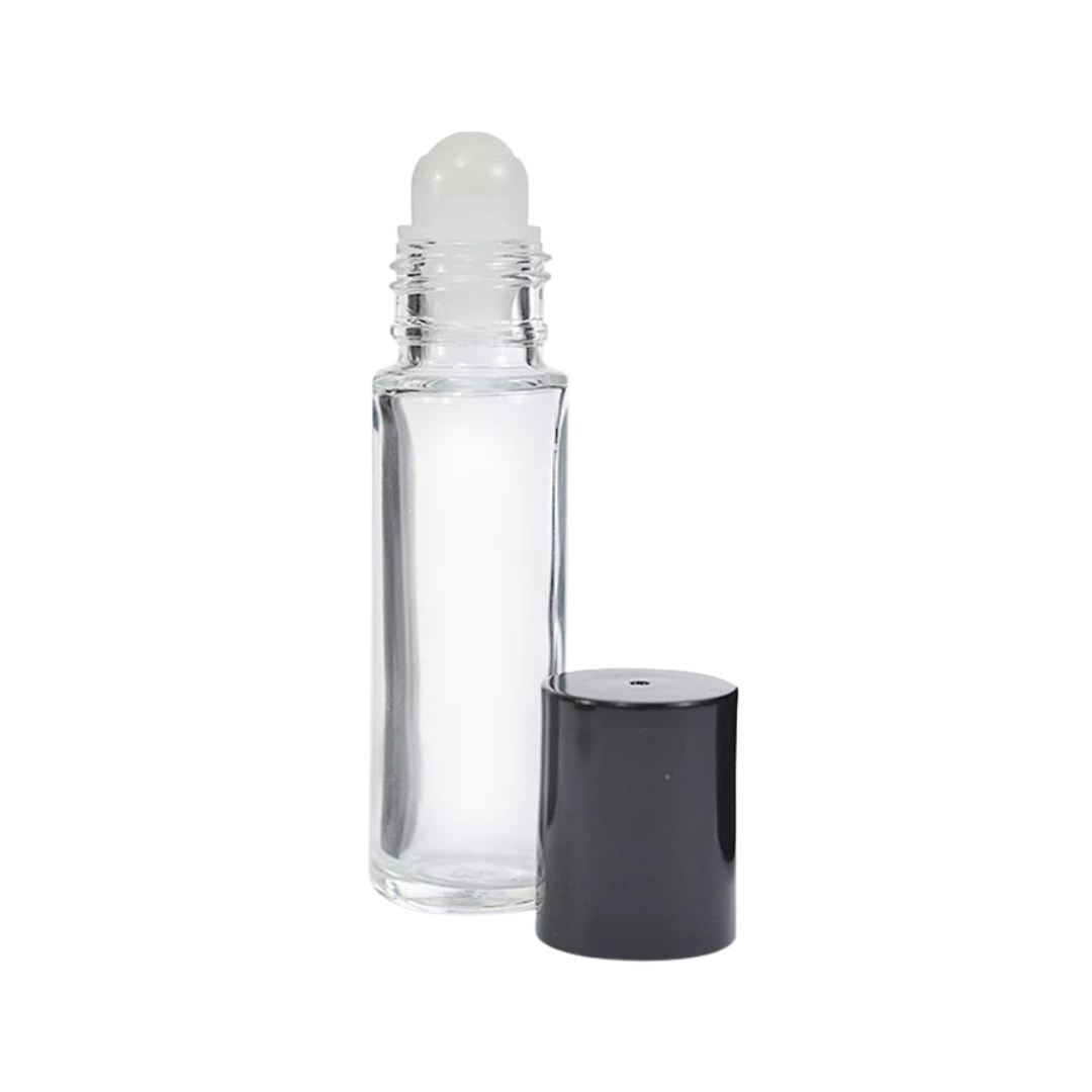 Applicateur à bille, verre transparent, bouchon noir, 10 ml