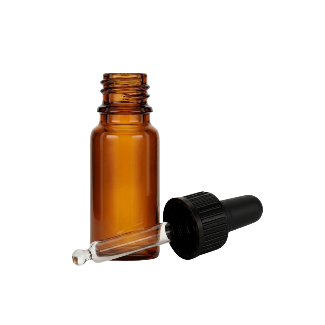 Bouteille en verre ambré 10 ml, compte-goutte noir, 5 unités