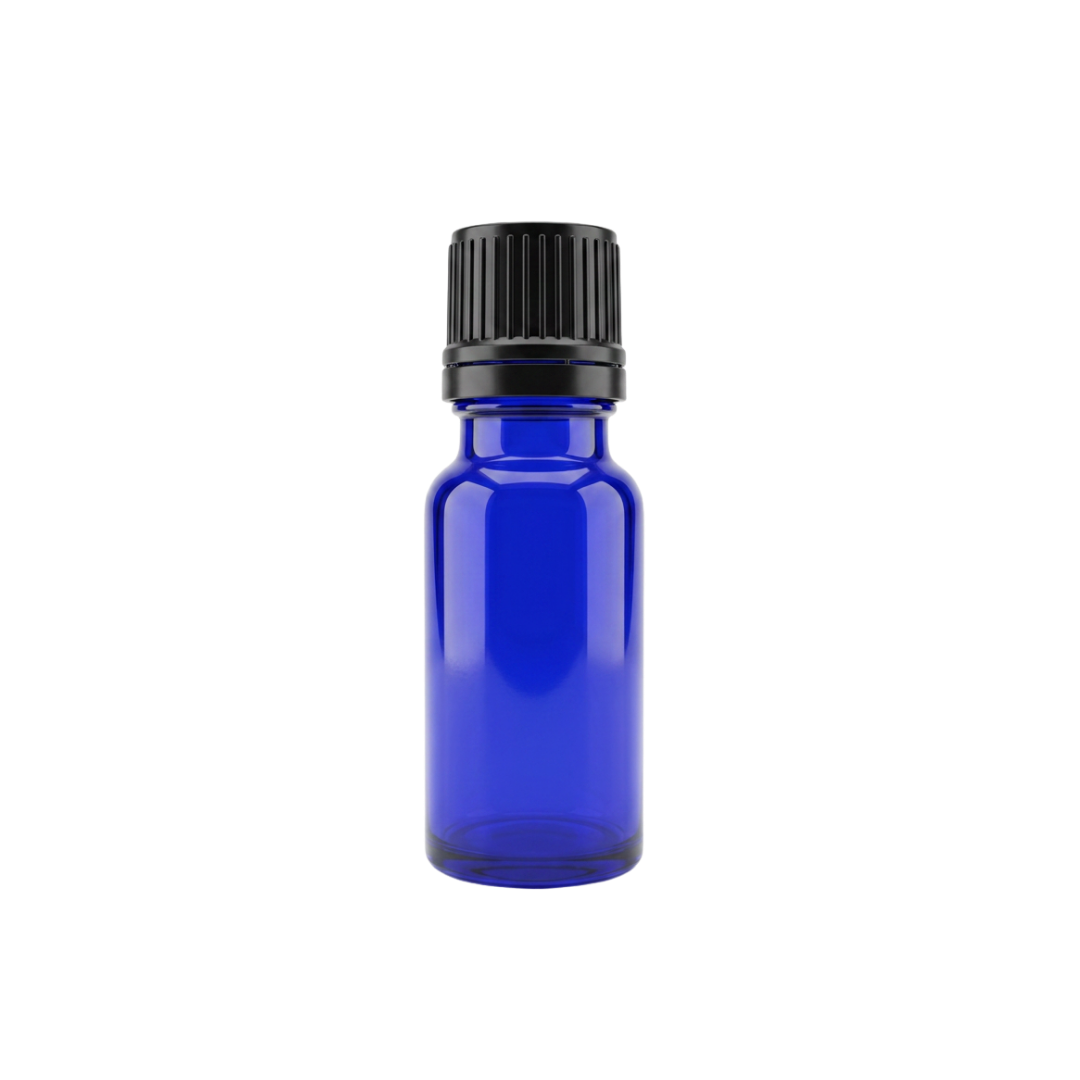 15 ml bottle, blue glass, black dropper cap