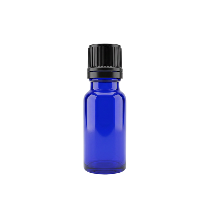 15 ml bottle, blue glass, black dropper cap