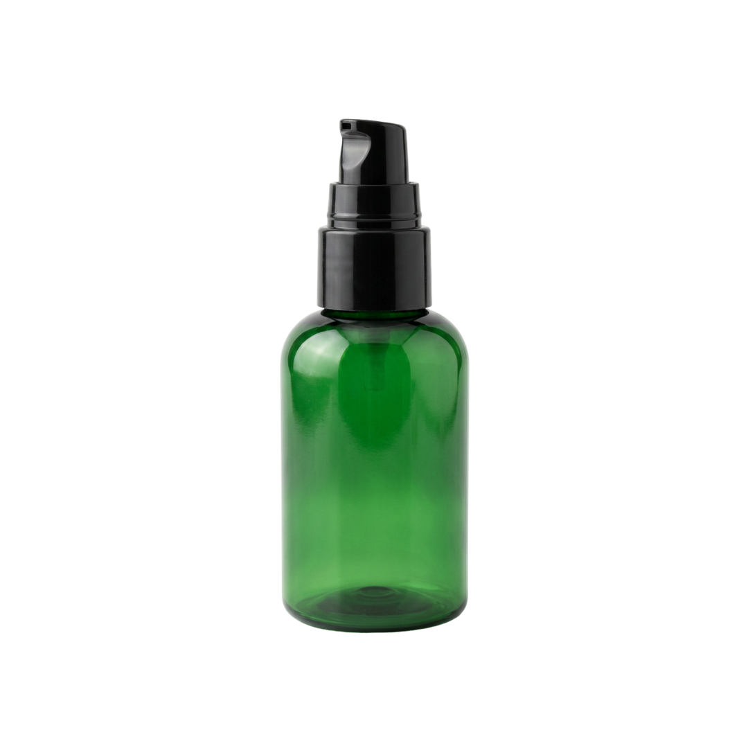 60 ml bottle, green PET plastic, black pump