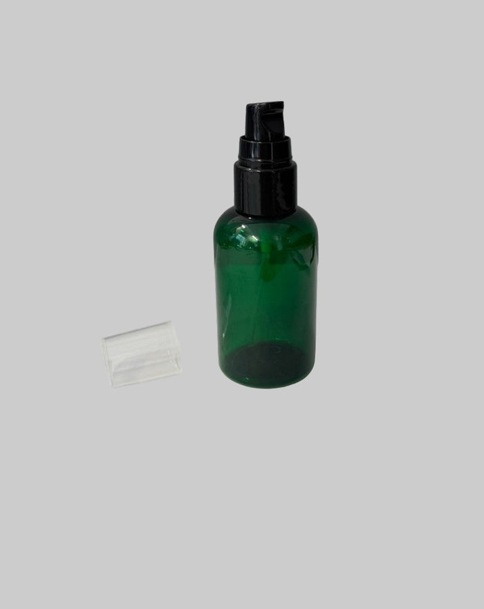 Bouteille 60 ml, plastique PET vert, pompe noire
