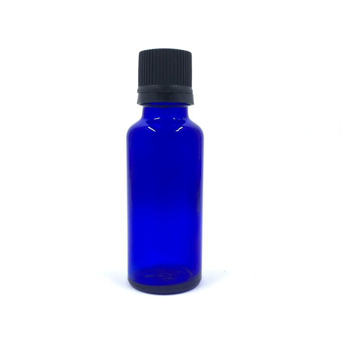 Bouteille 30 ml, verre bleu, bouchon noir codigoutte, 5 unités