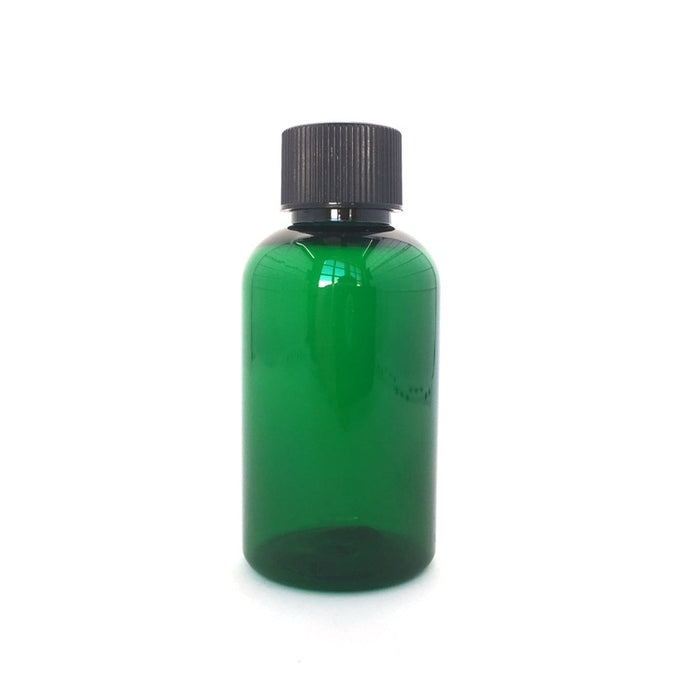 Bouteille 60 ml, plastique PET vert, bouchon réducteur noir
