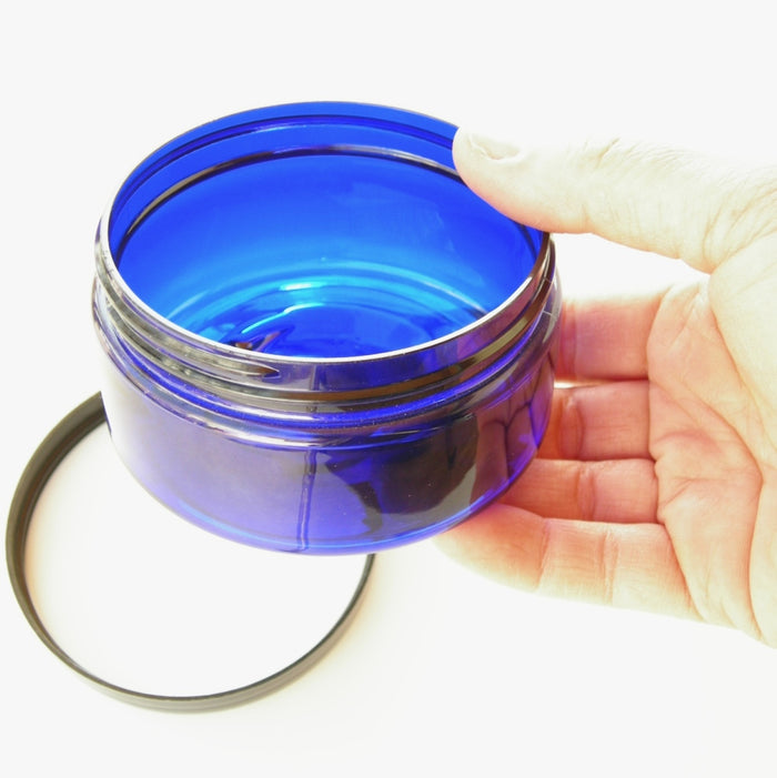 Pot 250 ml, plastique PET bleu, couvercle noir
