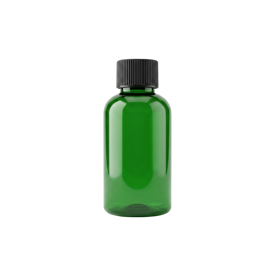 60 ml bottle, green PET plastic, black reducer cap