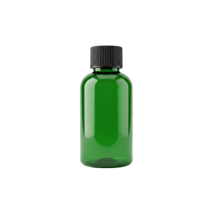 60 ml bottle, green PET plastic, black reducer cap