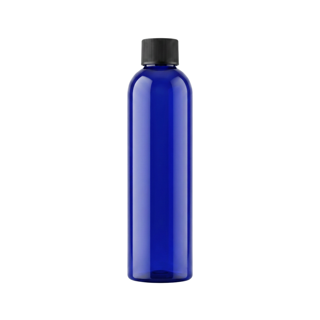 125 ml bottle, blue PET plastic, black reducer cap