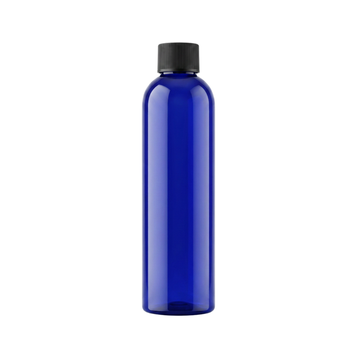 125 ml bottle, blue PET plastic, black reducer cap