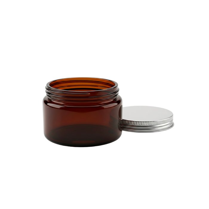 50 ml jar, amber PET plastic, aluminum lid with liner