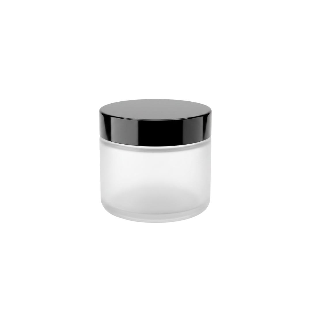 50 ml jar, frosted colorless glass, black lid with seal