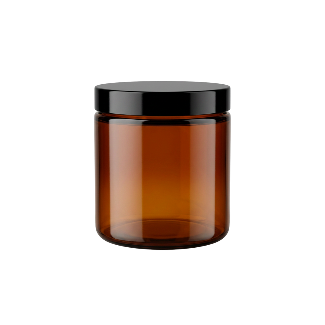 250 ml jar, amber PET plastic, black lid