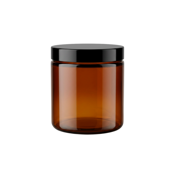 250 ml jar, amber PET plastic, black lid