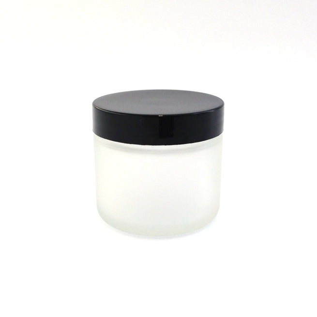 Pot 50 ml, verre incolore dépoli, couvercle noir avec sceau